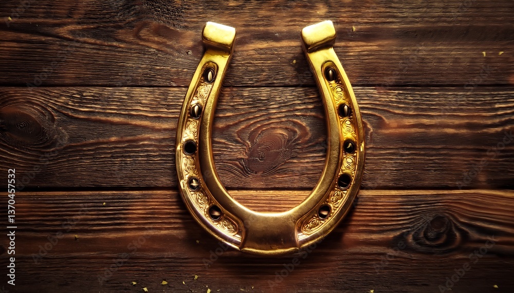 A shining golden horseshoe placed on a rustic wooden background A shining golden horseshoe placed on a rustic wooden background