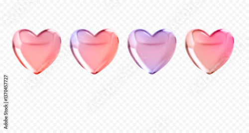 Set of 3d vector holographic glass hearts. Realistic heart shaped multicolored figures isolated on white background