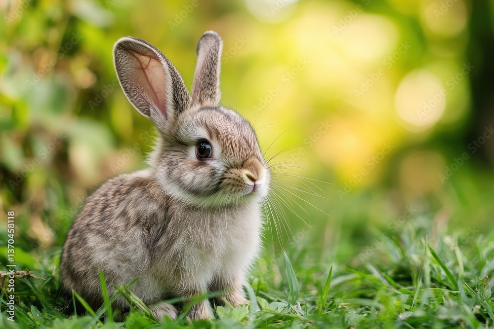 Fototapeta premium Cute rabbit sitting in lush green grass during a sunny afternoon in a tranquil garden setting