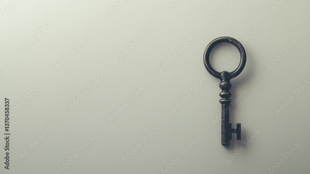 An Old Decorative Key Placed Upon a Plain Light Background An Old Decorative Key Placed Upon a Plain Light Background