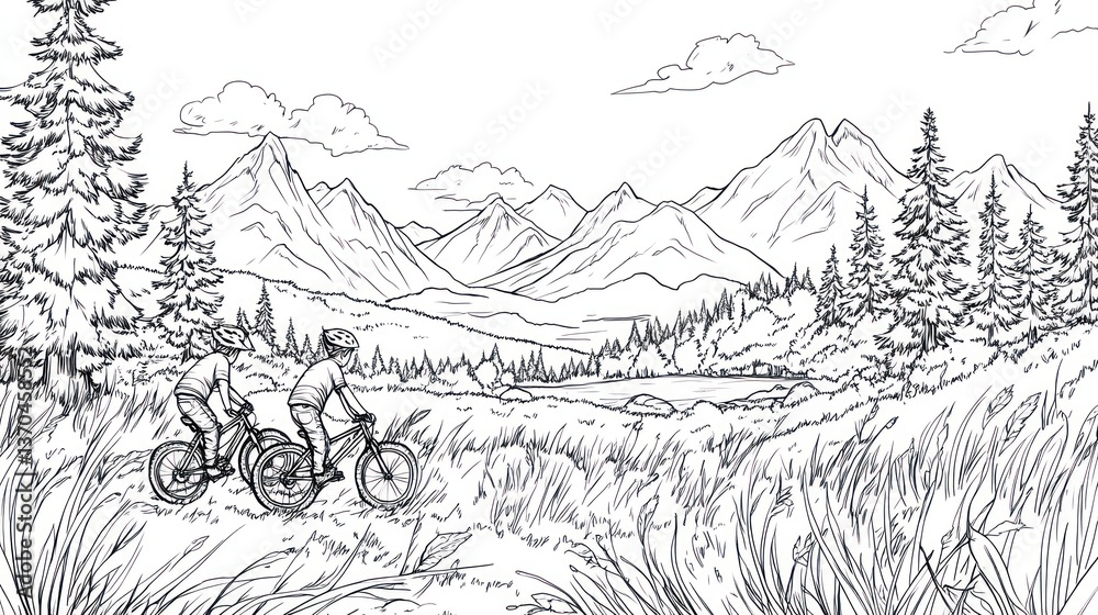 Obraz premium Mountain Biking, Hiking, Couple, Scenic View, Outdoor Recreation, Peaceful, Nature, Landscape