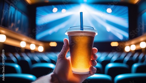 A close-up shot of a hand holding a softdrink inside a dimly lit cinema. The background features blurred theater seats and a glowing movie screen, creating a cozy and cinematic atmosphere