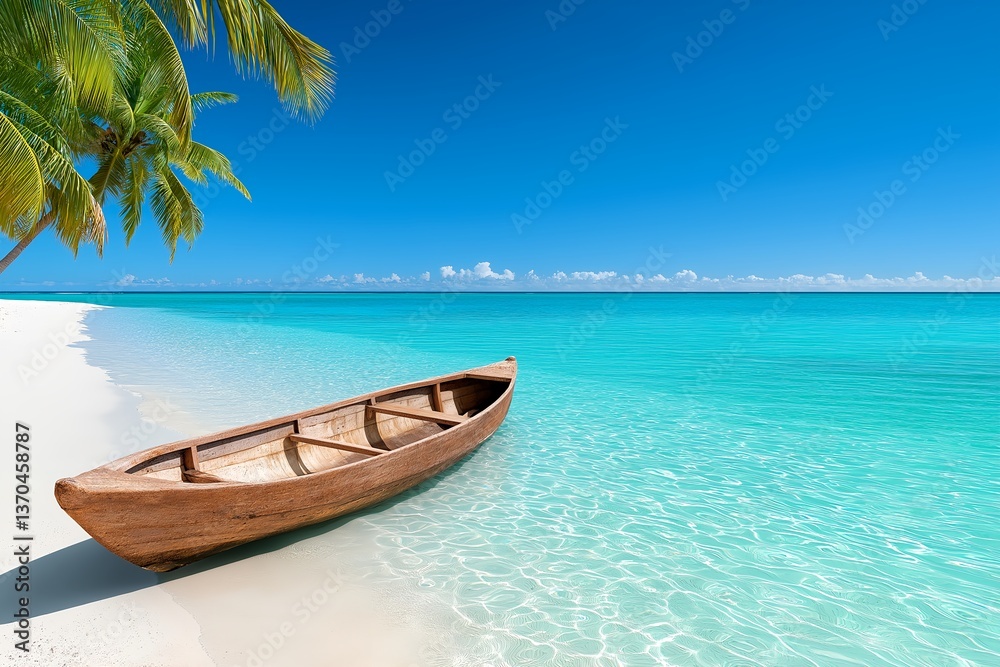 Pristine Island Beach with Powdery White Sand, Crystal-Clear Turquoise Water, Wooden Canoe, Coconut Trees, Dreamy Tropical Glow, Shallow Waters, Perfect Tropical Paradise, Sunlit Shore Pristine Island Beach with Powdery White Sand, Crystal-Clear Turquoise Water, Wooden Canoe, Coconut Trees, Dreamy Tropical Glow, Shallow Waters, Perfect Tropical Paradise, Sunlit Shore