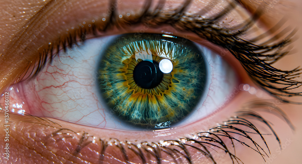 Fototapeta premium Macro closeup of woman's captivating eye with colorful iris. Intricate details showcasing beauty and unique human eyesight, medical illustration, health vision care
