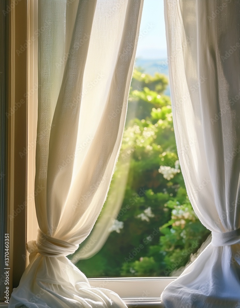 A white linen curtain gently swaying in the breeze from an open window, letting in fresh air A white linen curtain gently swaying in the breeze from an open window, letting in fresh air