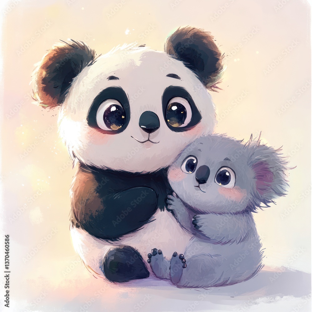Obraz premium Cute panda and koala cuddling. Soft, adorable animals. Warm, gentle artwork