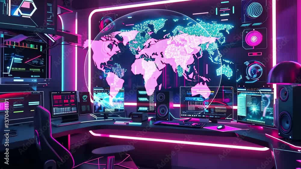 This workspace features an array of computer monitors displaying data and graphics, enhanced by neon lights. A digital world map adds a global touch to the high-tech environment. This workspace features an array of computer monitors displaying data and graphics, enhanced by neon lights. A digital world map adds a global touch to the high-tech environment.