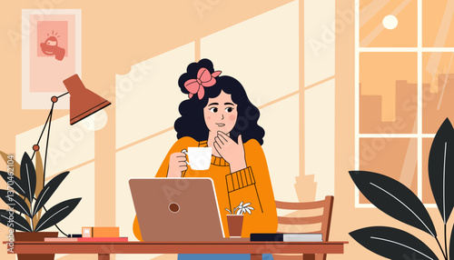 Thoughtful woman sipping coffee in cozy workspace, mindful pause