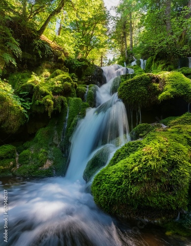  A refreshing waterfall cascading down moss-covered rocks in a lush green forest