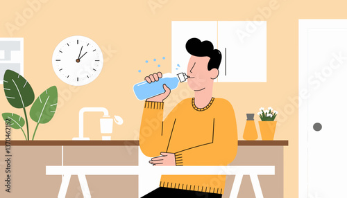 Young person refreshingly drinking water in a bright kitchen, hydration