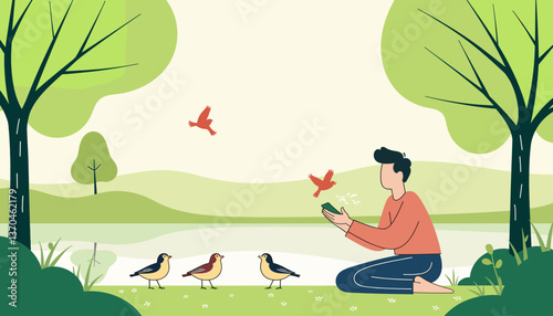 Gentle person feeding birds by serene lake in park, peaceful connection