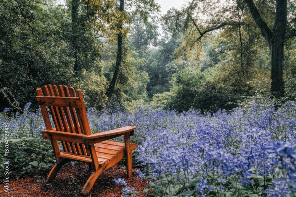 Tranquil backyard with wooden chair surrounded by lush greenery and blue wildflowers Tranquil backyard with wooden chair surrounded by lush greenery and blue wildflowers