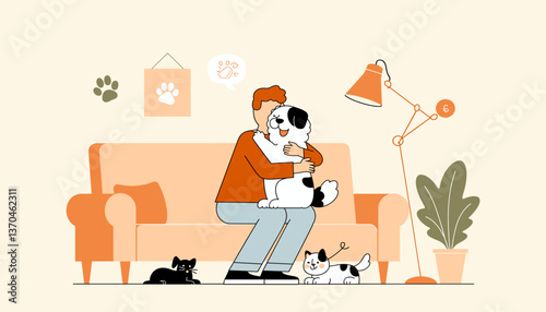 Affectionate person hugging a fluffy pet in cozy living room, warmth