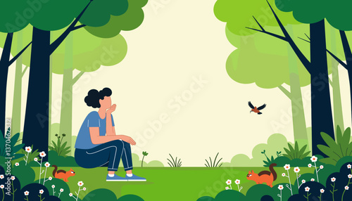 Person enjoying tranquility in a lush green forest, nature connection