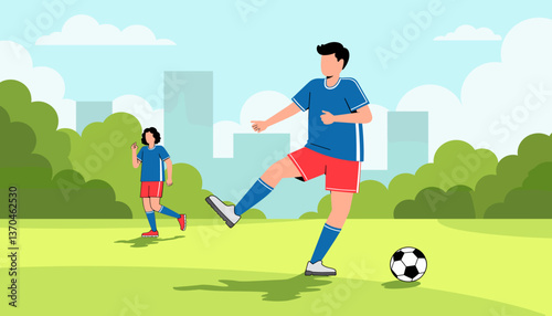 Young athlete dribbling soccer ball on sports field, dynamic action