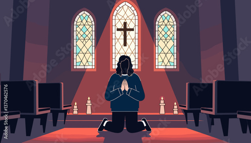 Person praying in peaceful chapel with stained glass, spiritual reflection