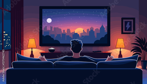 Enthralled viewer enjoying a movie in cozy living room, evening ambiance