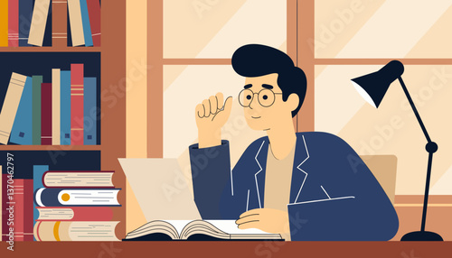 Thoughtful person reading a book in a cozy library, scholarly ambiance