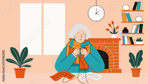 Focused elderly woman knitting colorful scarf in cozy living room, warmth