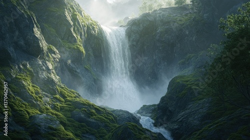 Serene waterfall cascading through mossy rocks in a peaceful forest landscape