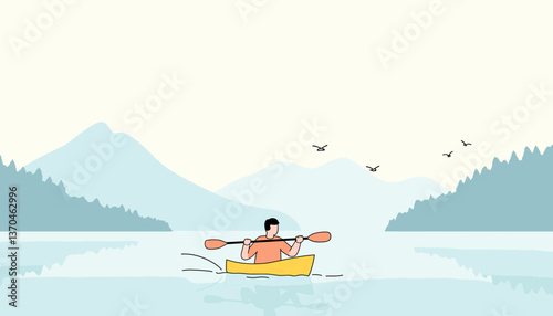 Focused kayaker paddling through calm lake at sunrise, serene nature