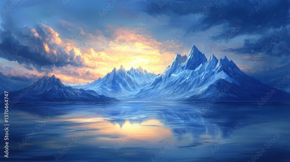 Obraz premium Majestic, sharp mountain peaks reflecting in deep cerulean waters under an enchanting, glowing sky