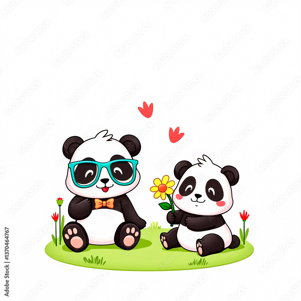 two adorable panda bears share a heartwarming moment in a grassy field