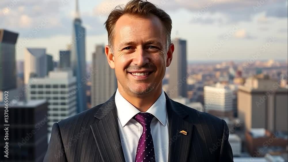 Confident businessman smiles against impressive cityscape backdrop Confident businessman smiles against impressive cityscape backdrop