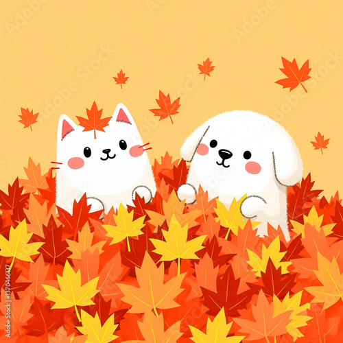 adorable white cat and dog in autumn leaves