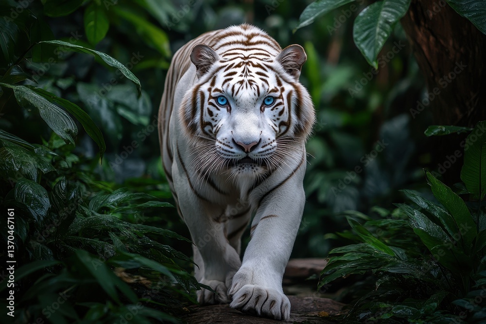 White tiger walks through dense foliage in a tropical environment during early morning light