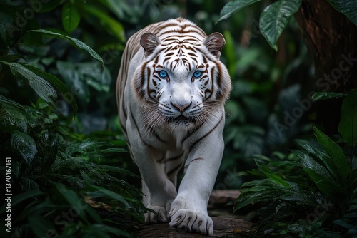 Obraz na płótnie White tiger walks through dense foliage in a tropical environment during early morning light w salonie
