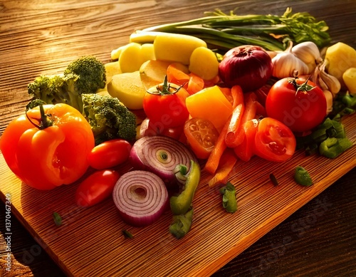 Freshly chopped vegetables on a wooden cutting board, ready for cooking