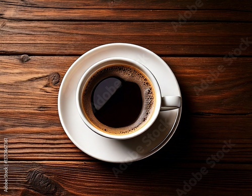 Cup of Black Coffee on Wooden Table, Top View