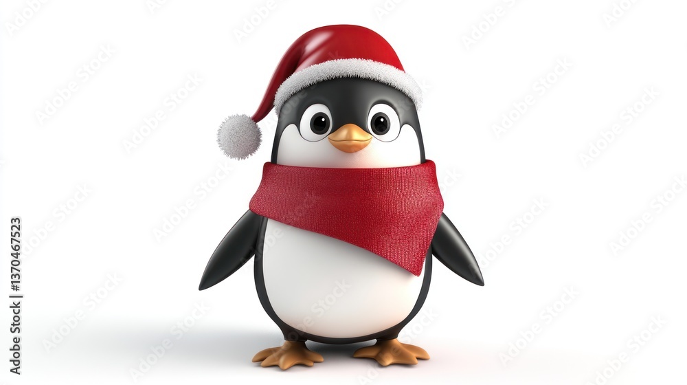 Fototapeta premium 3D Cartoon Penguin with Shawl and Santa Hat