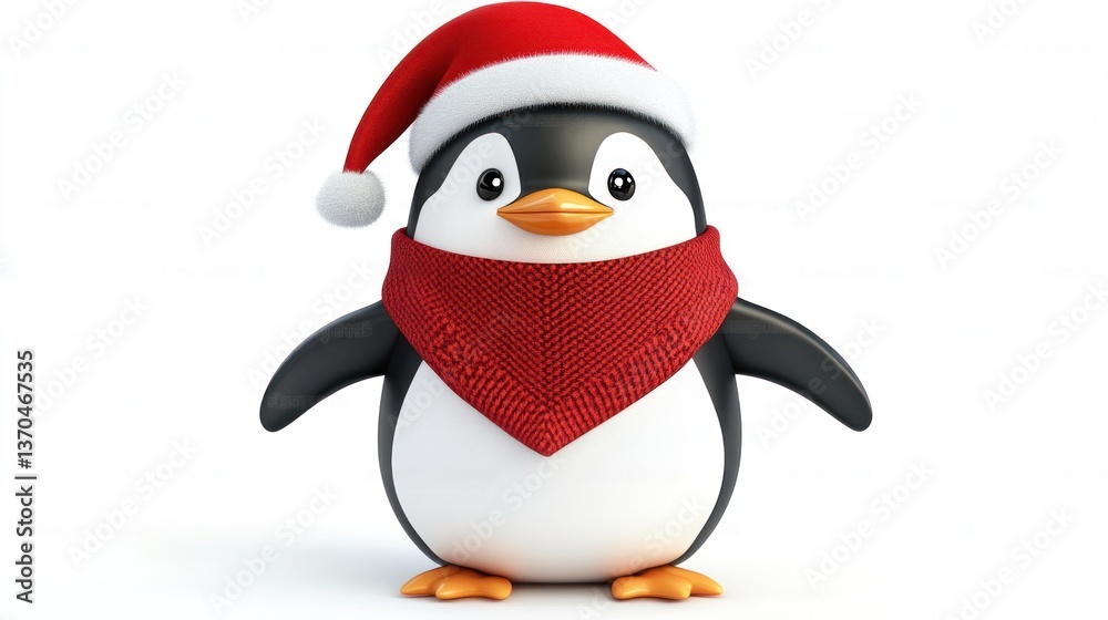 Naklejka premium 3D Cartoon Penguin with Shawl and Santa Hat