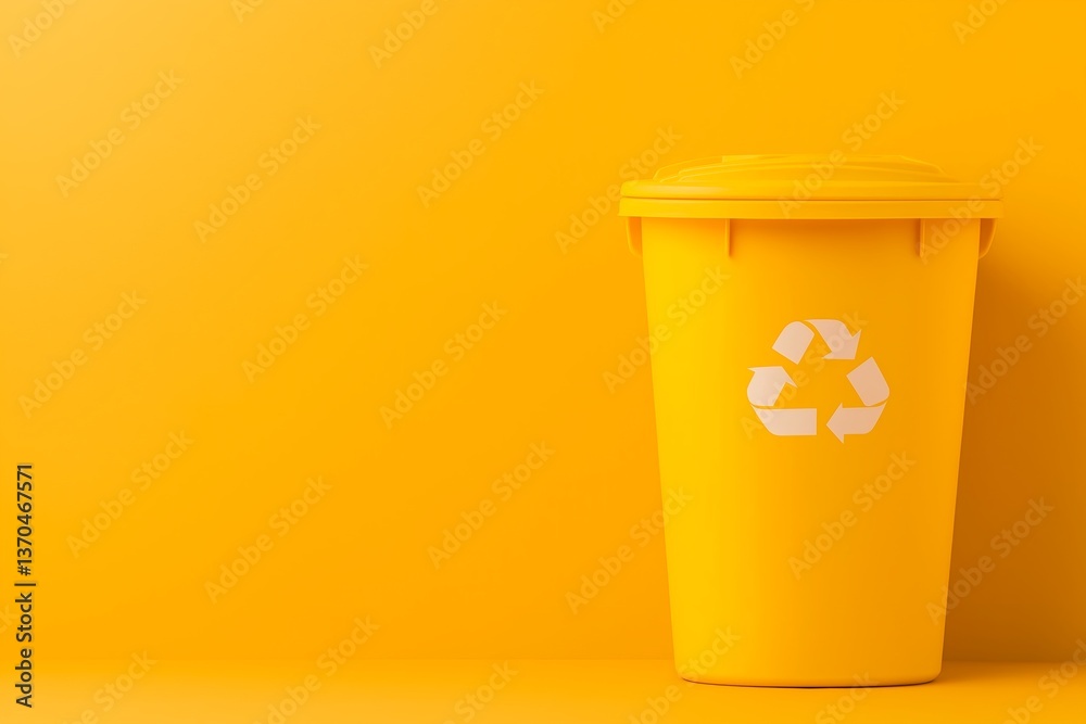 Yellow Recycling Bin with Open Lid and Neatly Sorted Recyclables on Textured Orange Background, Minimalist Modern Composition, Eco-Friendly, Sustainability, and Advertising Concept Yellow Recycling Bin with Open Lid and Neatly Sorted Recyclables on Textured Orange Background, Minimalist Modern Composition, Eco-Friendly, Sustainability, and Advertising Concept