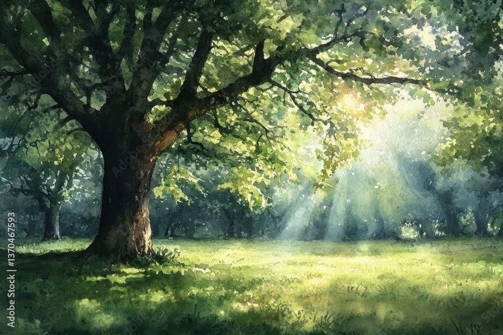 Naklejka premium Sunbeams Dance Through Ancient Forest.