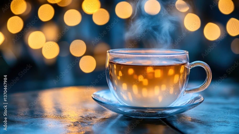 A transparent glass teacup sits on a saucer with warm tea A transparent glass teacup sits on a saucer with warm tea