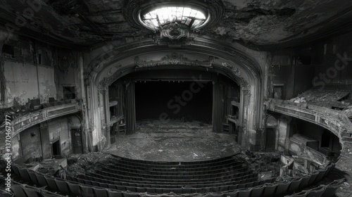 Decayed and abandoned theater interior with stage and seating