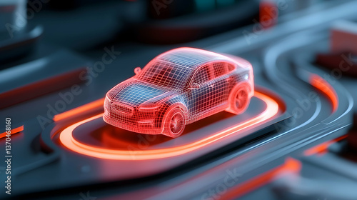 Red Glowing Digital Car Model on Abstract Circuit Background