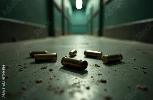Spent bullet casings litter the floor of an unsettling hallway emphasizing the harsh reality of gun violence in schools and the urgent need for change in addressing terrorism and safety.