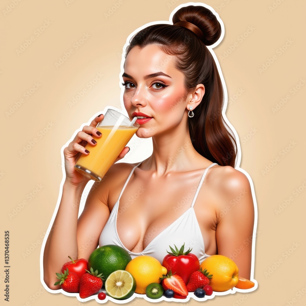 Bright summer refreshment with vibrant fruits and a stylish model Bright summer refreshment with vibrant fruits and a stylish model