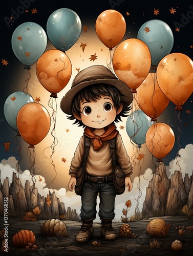 A cheerful child, wearing a hat and backpack, stands amidst autumnal scenery, surrounded by colorful balloons floating against a dark night sky