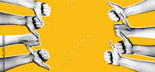 Trendy Halftone Collage Hands with thumbs up and thumbs down gestures. Yes or no choice banner with empty space. Quality review. Two options dilemma. Contemporary vector illustration art