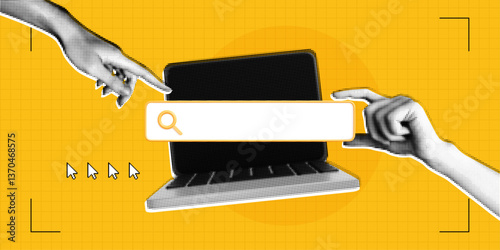 Trendy Halftone Collage Hand points to Search bar on computer screen. Job for hire online. Find information in internet browser. Data base. Seo marketing concept. Contemporary vector illustration art