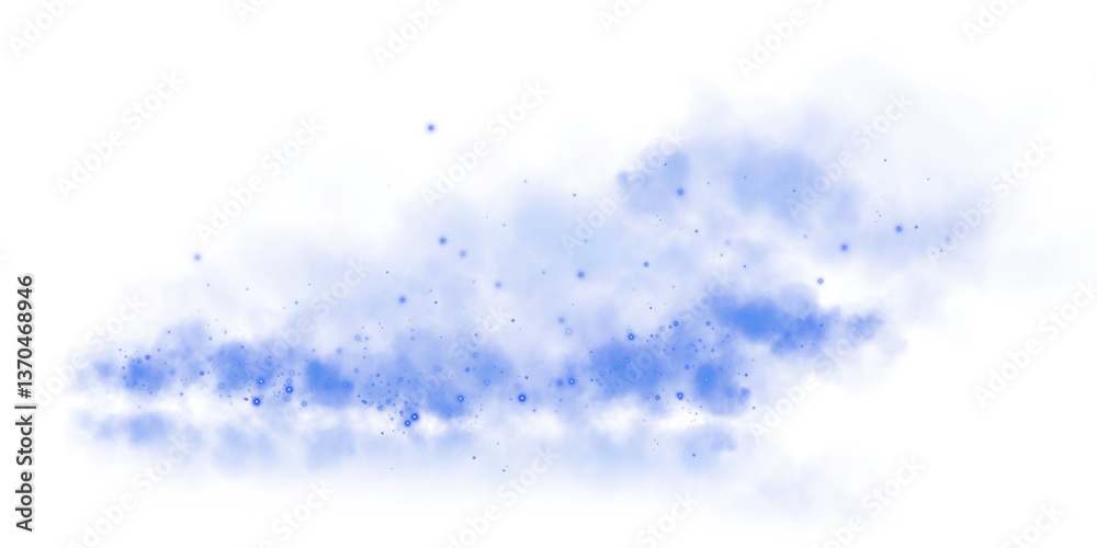 Obraz premium Magic blue smoke with glitter and small particles of twinkling stars. Fog with luminous particles. Blue vapor with stardust. Morning fog over land or water surface, magic haze. PNG.