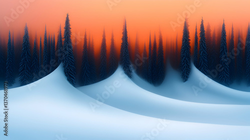 Sunset Over Snowy Mountain Forest