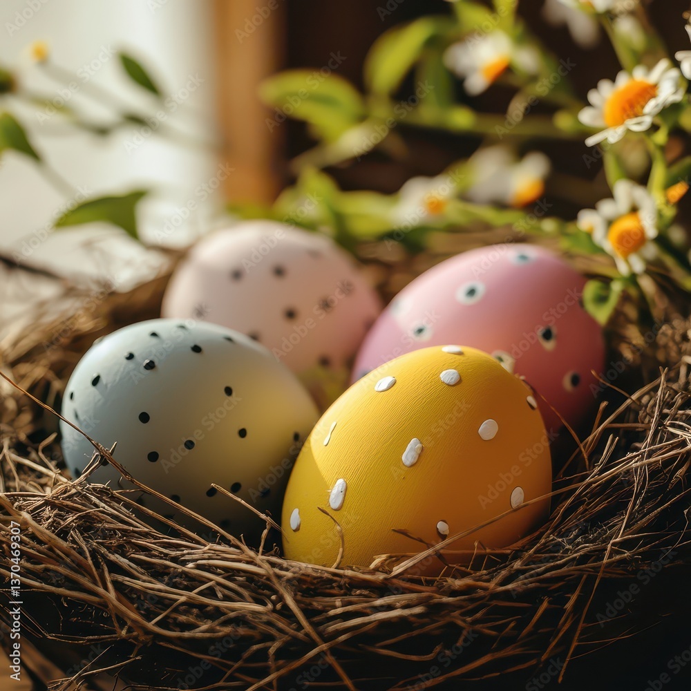 Obraz premium Decorative eggs in a nest with flowers in spring