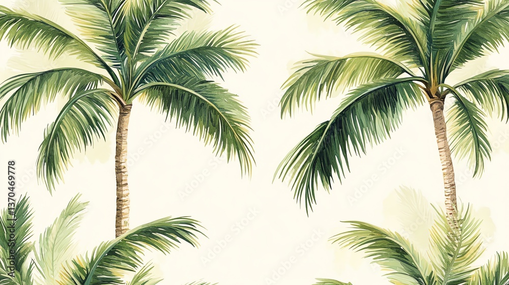 Naklejka premium Tropical Palm Tree Watercolor Painting with Green Fronds and Beige Background