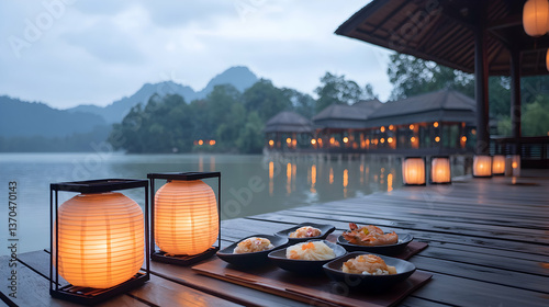 Romantic Lakeside Dinner with Lanterns at Night